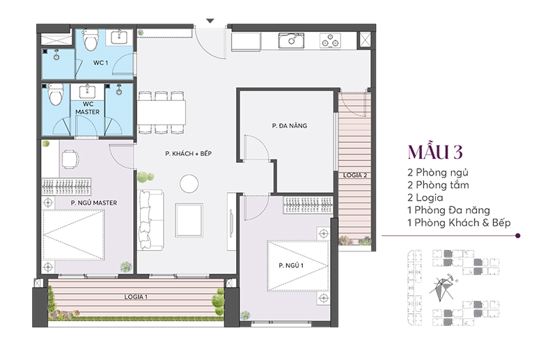 Mặt bằng căn hộ 3 phòng ngủ diện tích 119m2 tại chung cư The Flame Vine, sở hữu hệ thống logia kép và tầm nhìn panorama thoáng vĩnh viễn, phù hợp cho gia đình đa thế hệ.
