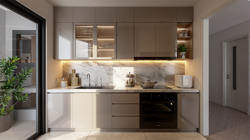 Phối cảnh bóc tách 3D nội thất căn hộ 1 phòng ngủ The Flame Vine diện tích 71,3m2, minh họa không gian sống rộng rãi vượt tiêu chuẩn với khu vực bếp, phòng khách và phòng ngủ riêng biệt