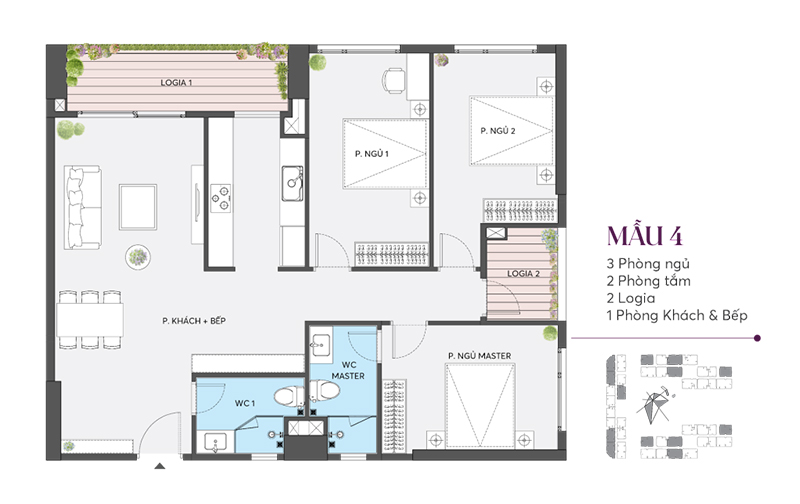 Phối cảnh nội thất hiện đại và ban công thư giãn tại căn hộ 2PN The Flame Vine, đáp ứng tiêu chí cân bằng giữa diện tích sống, công năng sử dụng và chi phí sở hữu