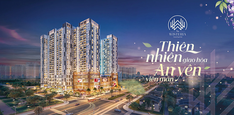 Không gian phòng khách thông tầng đẳng cấp tại căn hộ Duplex The Wisteria, thể hiện sự sang trọng, trần cao thoáng đãng và tầm nhìn Panorama không giới hạn.