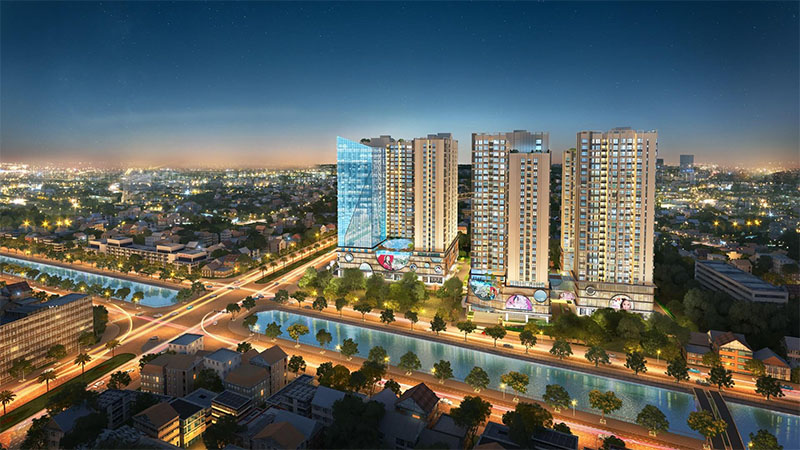Phối cảnh thực tế tổ hợp căn hộ cao cấp và trung tâm thương mại Hinode City tại 201 Minh Khai, Hai Bà Trưng, do Vietracimex bàn giao và đã đi vào vận hành ổn định