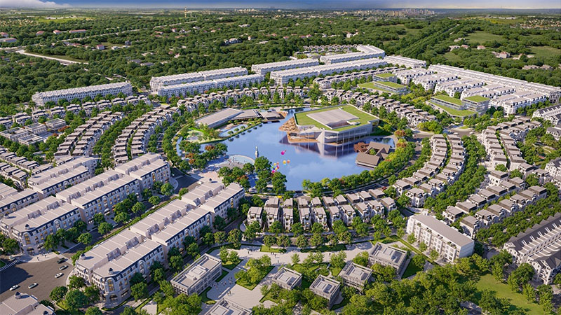 Toàn cảnh đại đô thị Hinode Royal Park tại Hoài Đức, Hà Nội, hiển thị hạ tầng hoàn thiện, công viên hồ trung tâm và các phân khu biệt thự đã có cư dân sinh sống.