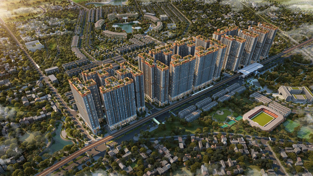 Phối cảnh tổng quan dự án The Flame Vine với 2 tòa tháp F1, F2 cao 35 tầng nằm trên mặt đường Vành đai 3.5, quy mô 1.380 căn hộ cao cấp tại KĐT Hinode Royal Park.