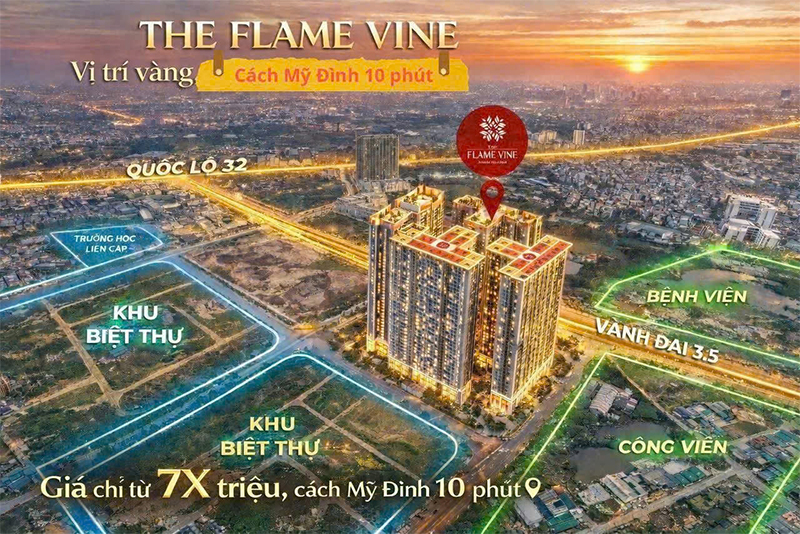 Sơ đồ vị trí tháp F1 và F2 The Flame Vine tại tâm điểm đại đô thị Hinode Royal Park, sở hữu mặt tiền đường Vành đai 3.5 và tầm nhìn trực diện hồ điều hòa 6ha.