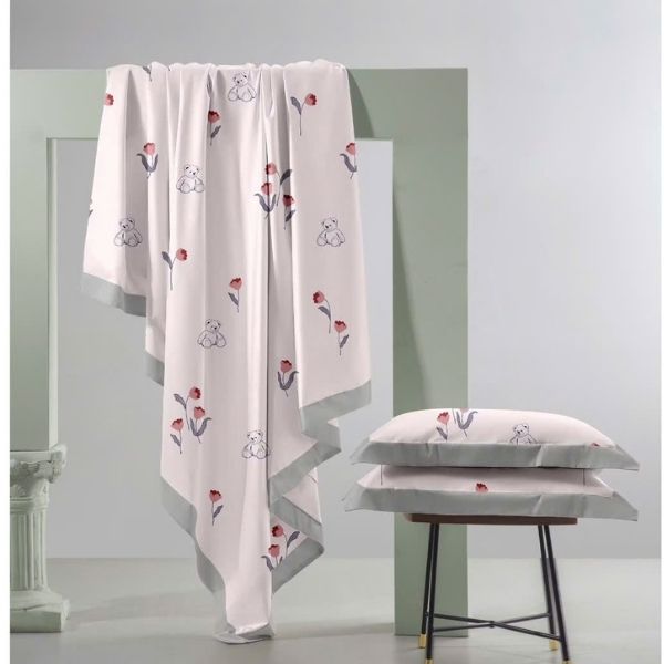 Lasante luxury printed Lyocell duvet cover set in white, sage green and soft yellow 4