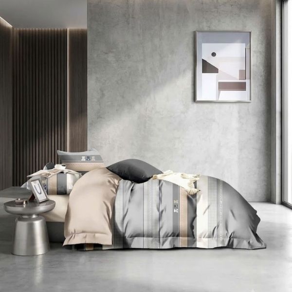 Premium Lyocell Bedding Set in Beige Plaid Design 2