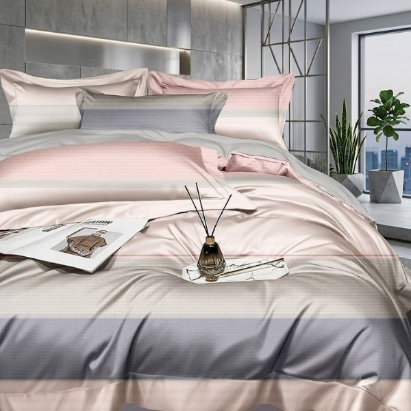 Premium Lyocell Bedding Set in Beige Plaid Design 4