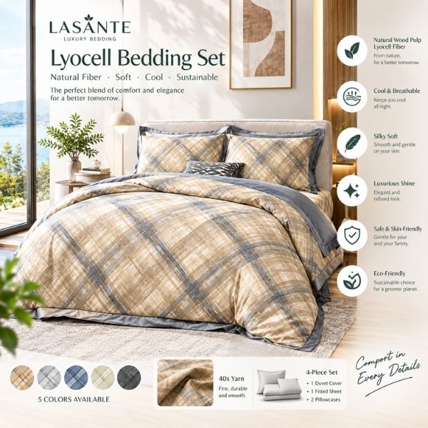 Premium Lyocell Bedding Set in Beige Plaid Design 7