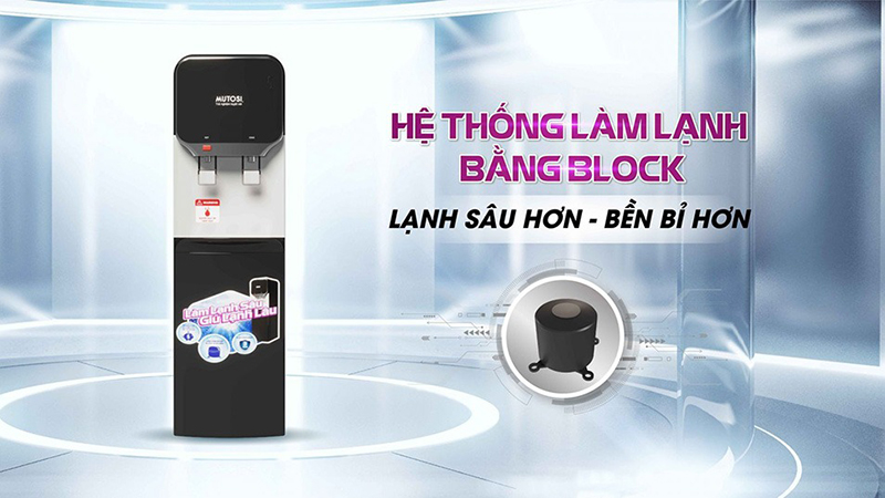 Cây nước Mutosi sử dụng công nghệ block làm lạnh sâu tới 5 độ C và làm nóng tới 94 độ C giúp cho nhu cầu sử dụng nước nóng lạnh được thuận tiện và an toàn, tiết kiệm thời gian