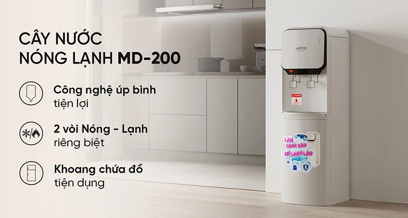 Cây nước nóng lạnh MD - 200 với ngăn chứa đồ phía dưới giúp người dùng lưu trữ được các loại cốc, ly, đồ uống… ngay trong cây nước nóng lạnh rất gọn gàng.
