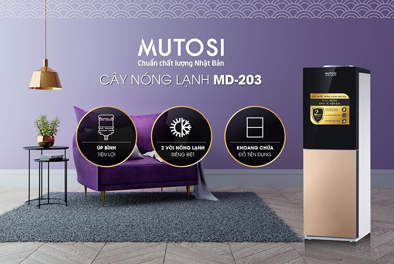 Cây nước nóng lạnh Mutosi MD-203 úp bình màu vàng đồng sang trọng