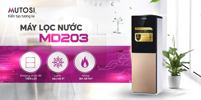 Cây nước nóng lạnh Mutosi MD-203 được thiết kế theo dạng úp bình tiện lợi sang trọng phù hợp mọi không gian