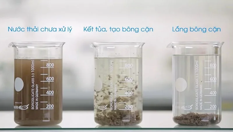 The precipitates settle to the bottom and clean water is collected above.