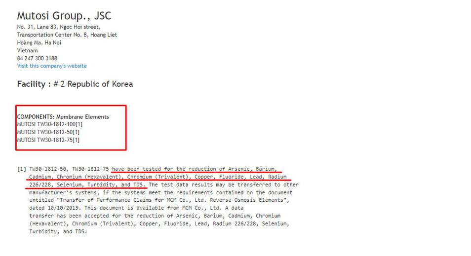 Chứng nhận màng lọc RO Mutosi đạt tiêu chuẩn quốc tế