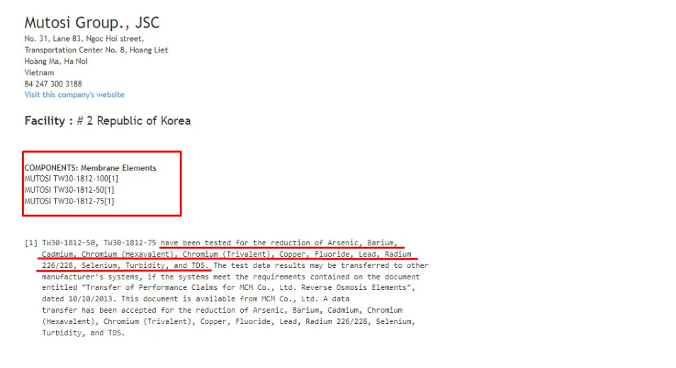 Chứng nhận màng lọc RO Mutosi đạt tiêu chuẩn quốc tế