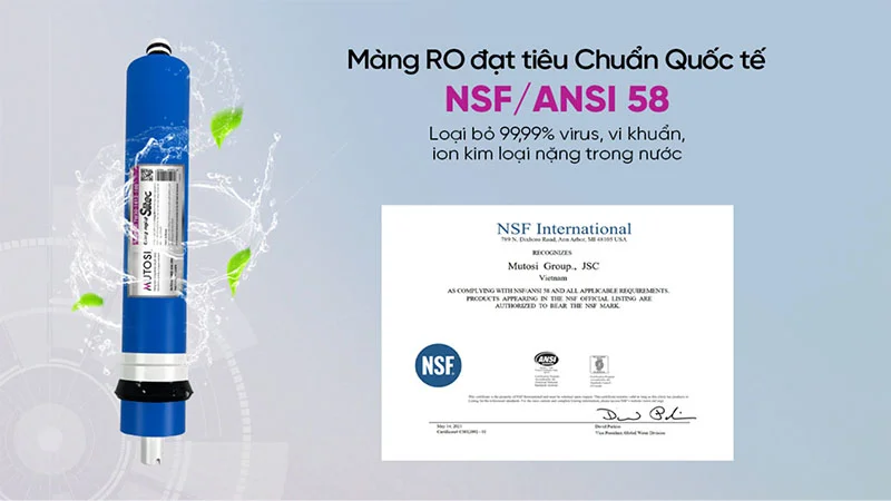 Màng lọc RO của Mutosi đạt tiêu chuẩn quốc tế NFS/ANSI 58