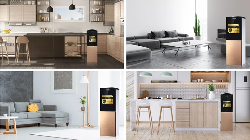 Màu vàng đồng sang trọng là điểm nhấn nổi bật trong thiết kế của cây nước Mutosi MD-203