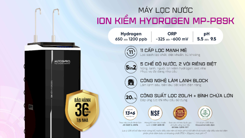 Máy lọc nước điện giải ion kiềm Hydrogen nóng nguội lạnh Mutosi MP-P89K