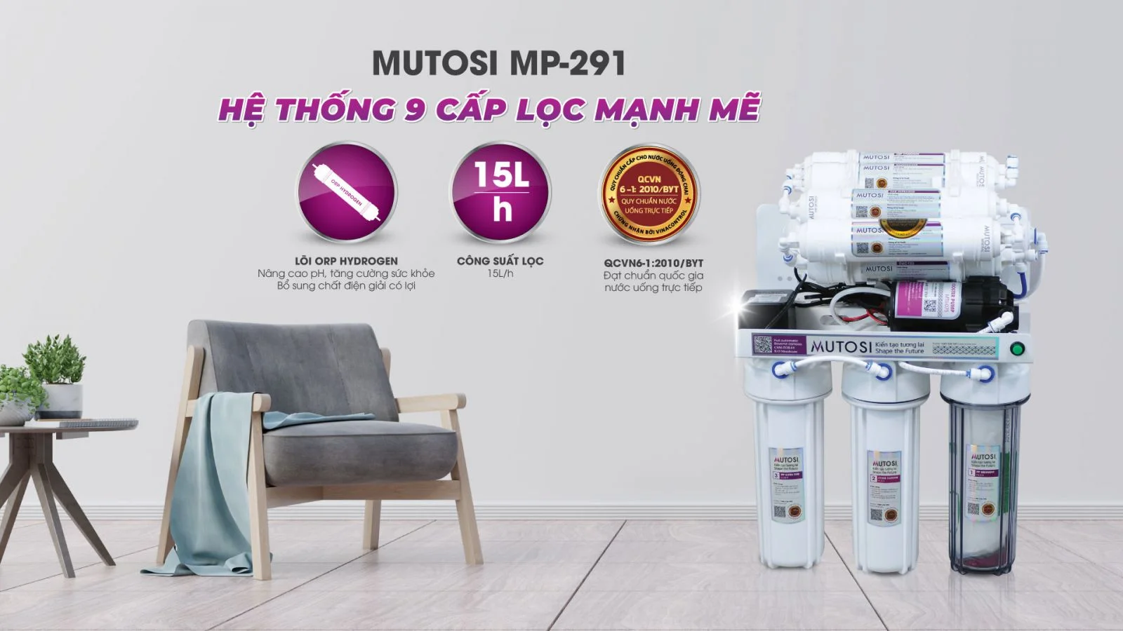 Máy lọc nước Mutosi có nhiều tầng lọc giúp loại bỏ các chất độc hại triệt để