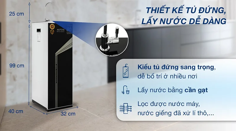 Máy lọc nước tủ đứng có thiết kế tinh tế, tạo điểm nhấn cho không gian sống của bạn