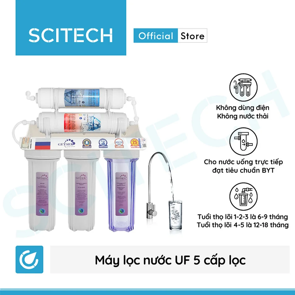 Máy lọc nước UF Scitech là một trong những sản phẩm được người dùng đánh giá cao nhờ hiệu quả làm sạch tốt và công suất lọc mạnh mẽ lên đến 180 lít/h