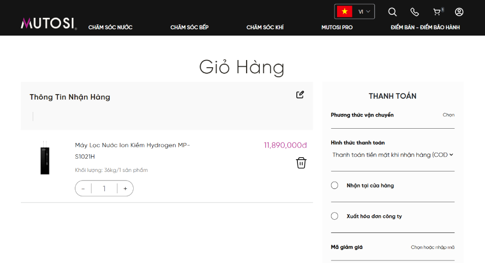 Các thao tác đặt hàng đơn giản trên website chính hãng của Mutosi