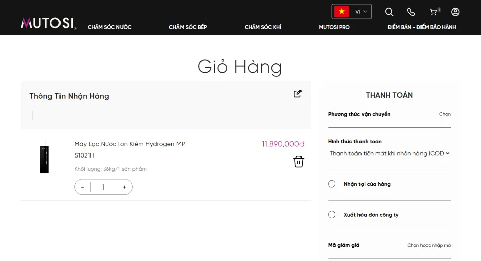 Các thao tác đặt hàng đơn giản trên website chính hãng của Mutosi