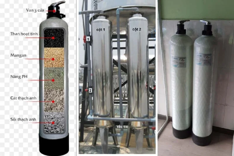 Raw water filter columns help remove large impurities.