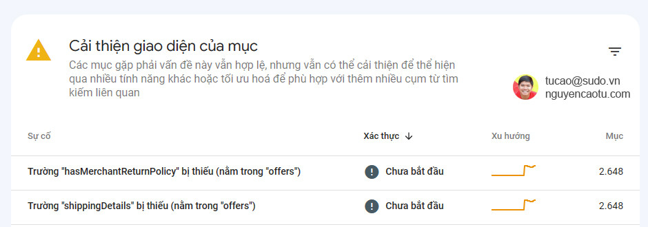 Báo cáo lỗi hasMerchantReturnPolicy và shippingDetails trong Google Search Consoler