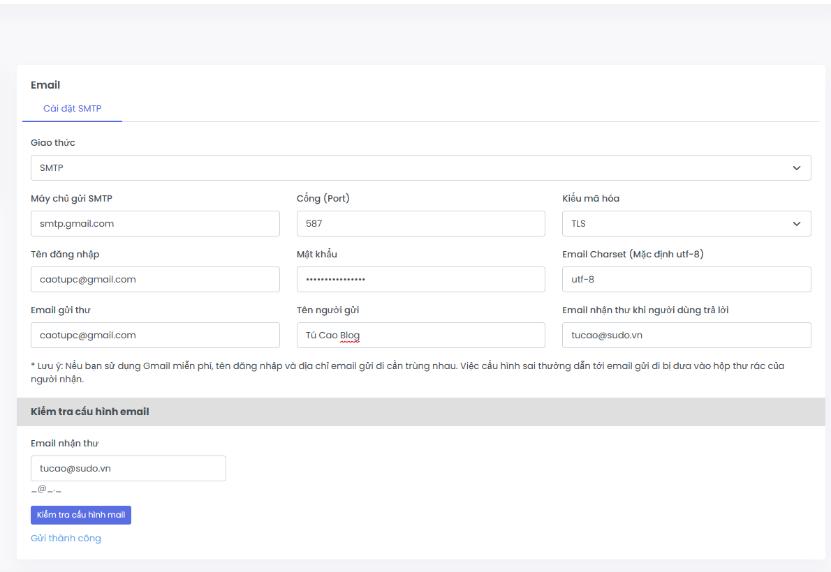 Cấu hình email gửi đi vào Website