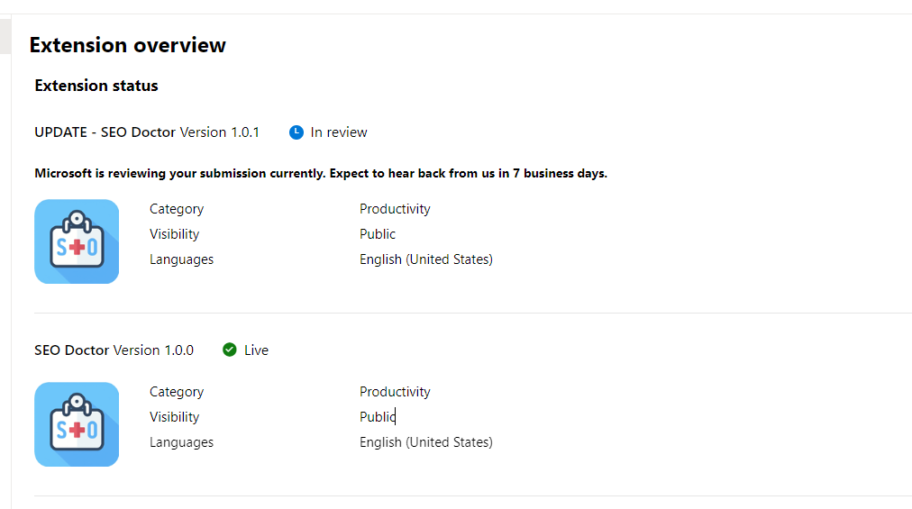 Kết quả thực hiện với tiện ích SEO Doctor, cập nhật từ 1.0.0 lên 1.0.1