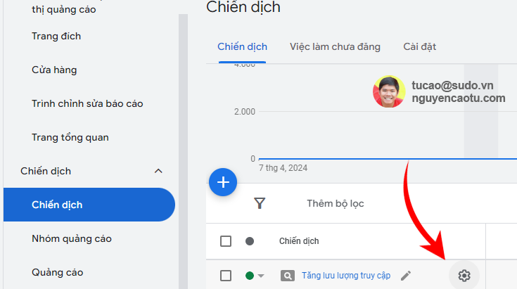 Nhấn vào chiến dịch và chọn cài đặt
