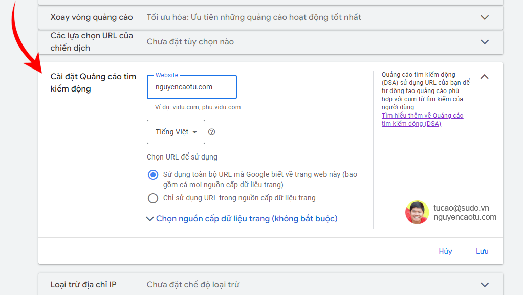 Cài đặt tìm kiếm động