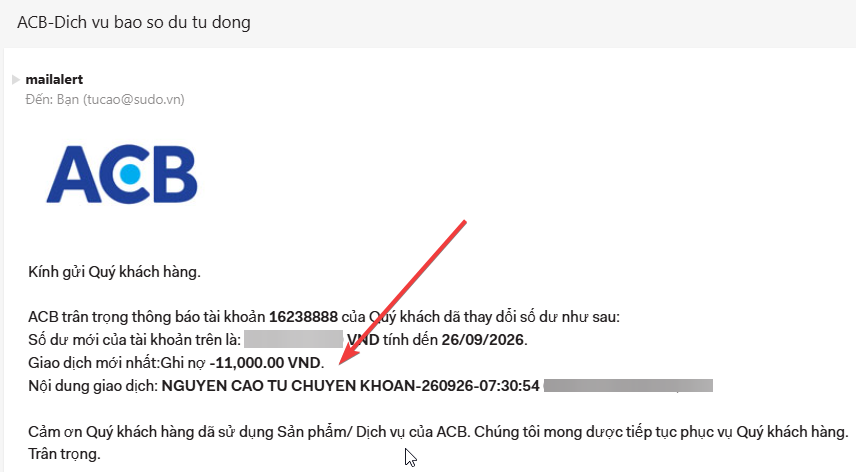 Đọc email của bạn để nhận biến động số dư