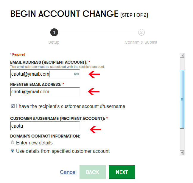 Điền Email của tài khoản nhận, và tên username của tài khoản nhận