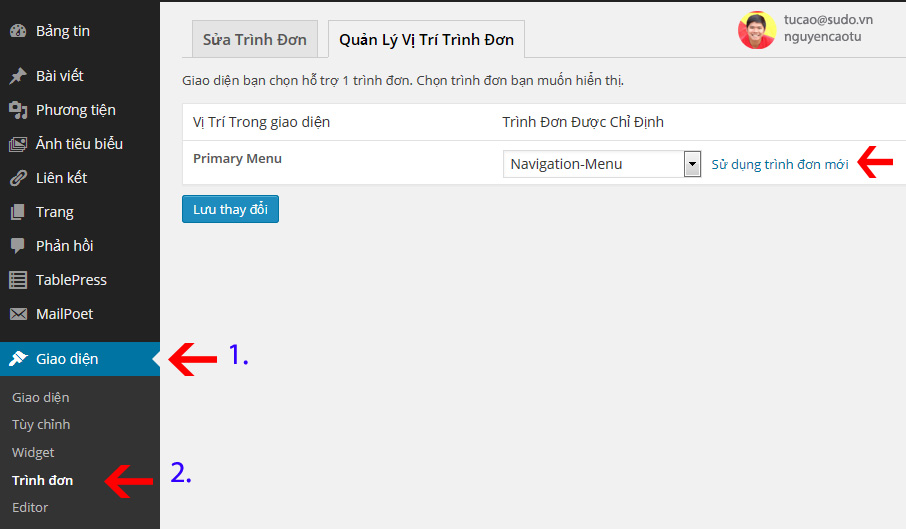 Cài đăkt Menu cho Theme