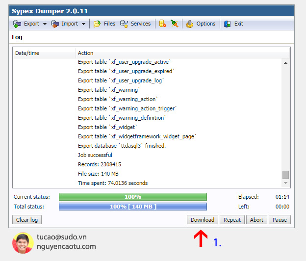 Chờ cho tới khi trạng thái backup hoàn tất 100% ta Download về máy