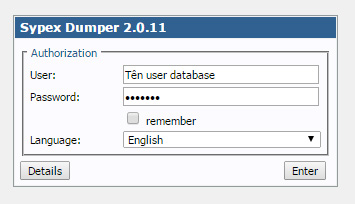 Nhập tên User quản lý Database và Mật Khẩu