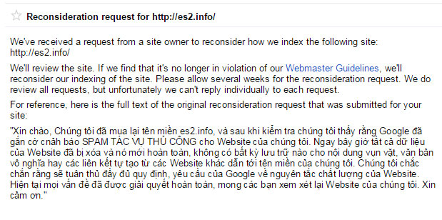 Yêu cầu xem xét lại Website của bạn