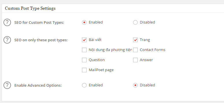 Lựa chọn trang bạn sẽ SEO. Ở đây mình chỉ SEO bài viết và Trang. 