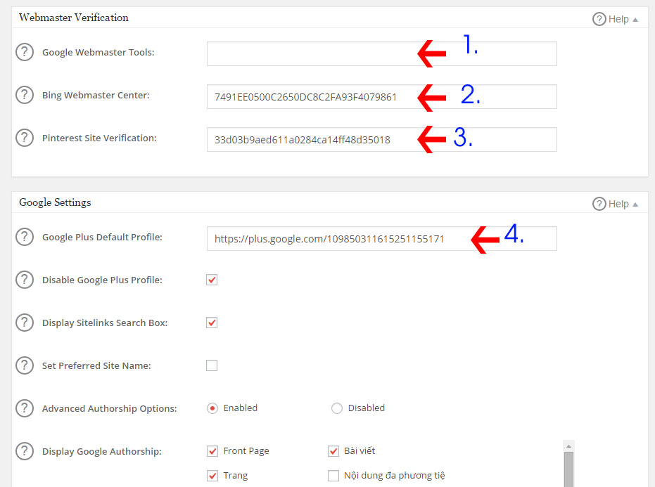 Phần xác minh Website và cài đặt Authorship