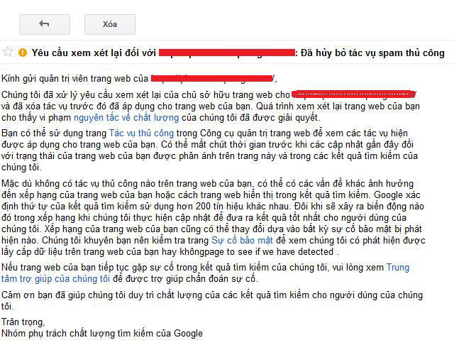 Kết quả gỡ bỏ thành công Spam tác vụ thủ công HTPPs