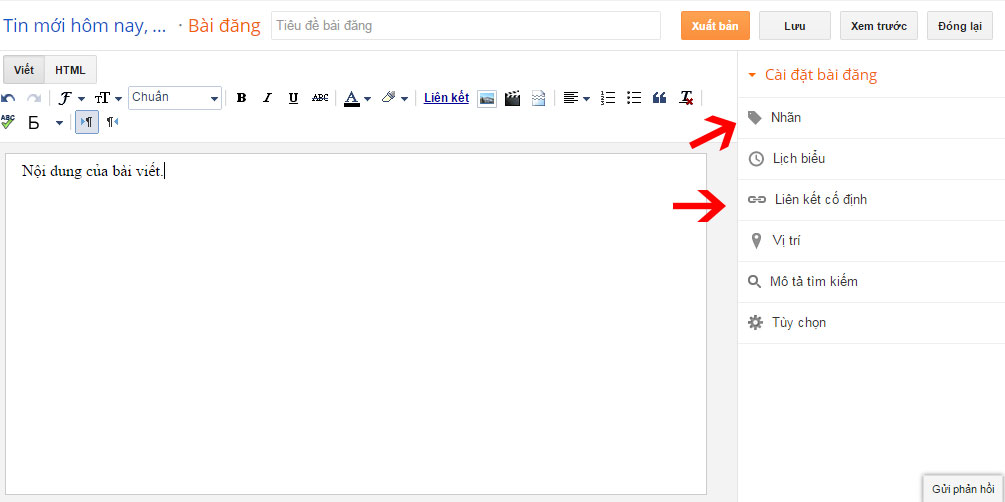 Giao diện khung soạn thảo của Blogspot