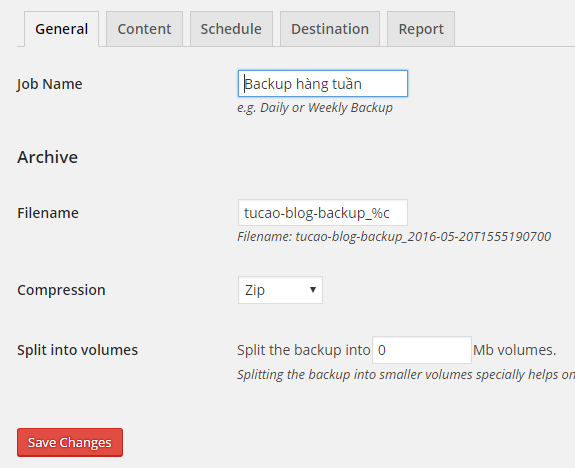 Cấu hình plugin: Đặt tên gói backup, tên file, kích thước file.