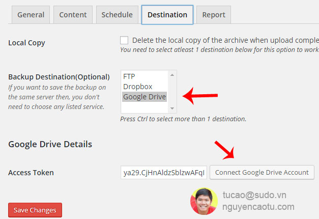 Lựa chọn nơi lưu trữ file backup. An toàn nhất Tú chọn Google Driver