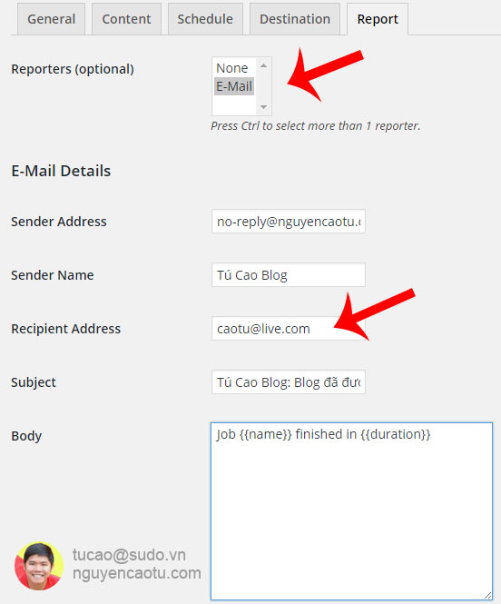 Cài đặt email để nhận thông báo khi backup hoàn tất