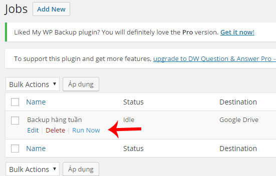 Kích hoạt backup thủ công