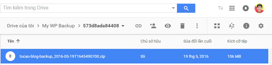 Kết quả đã backup thành công với WP My Backup