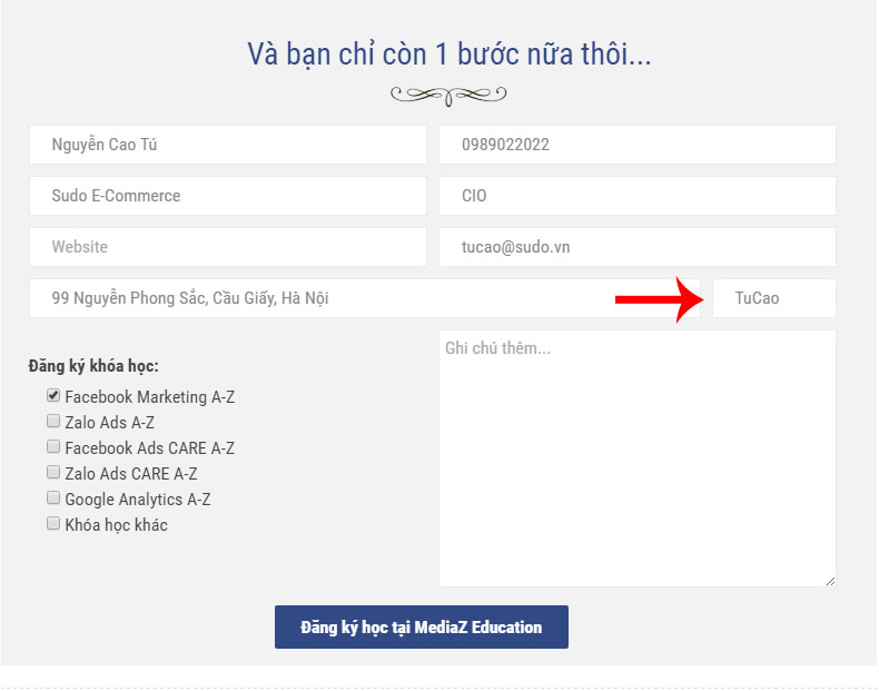 Nhập mã coupon TuCao để được giảm 20% khóa học Facebook Marketing tịa MediaZ