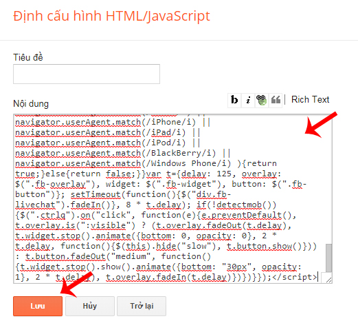 Chèn code và nhấn Lưu để hoàn tất